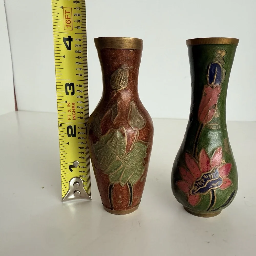 Pair of Vintage Brass Enamel Floral Vases Hand Painted Cloisonné Style 4